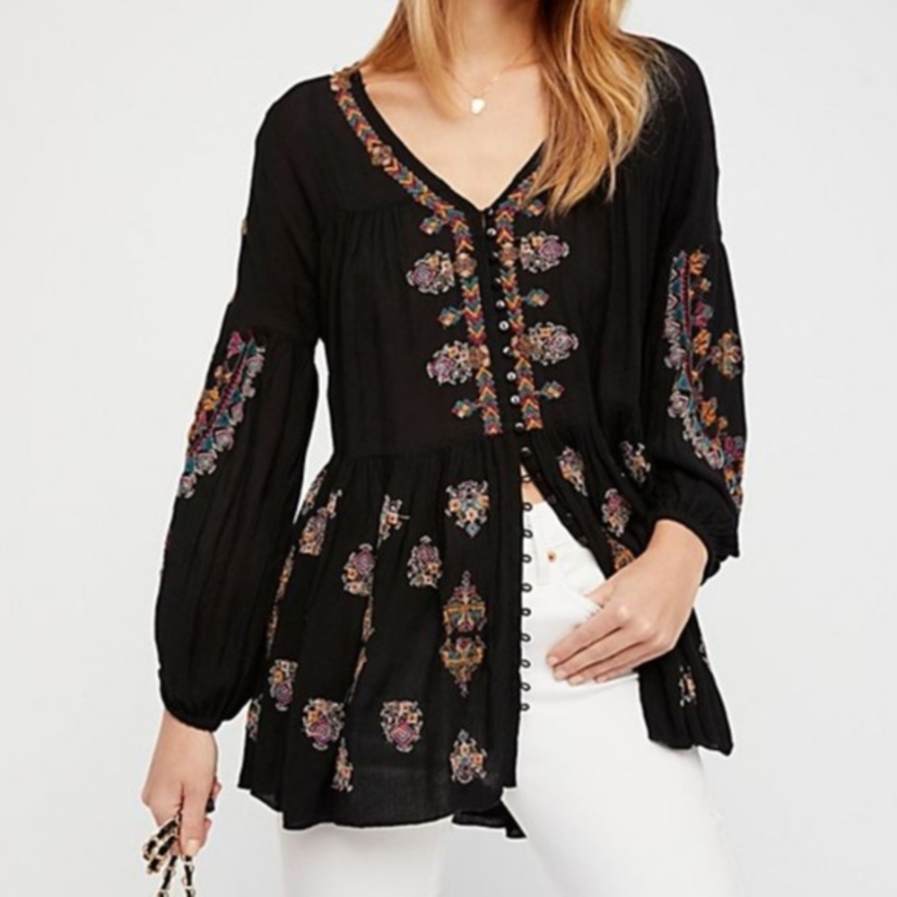 NWT Free People Arianna Embroidered Tunic Black